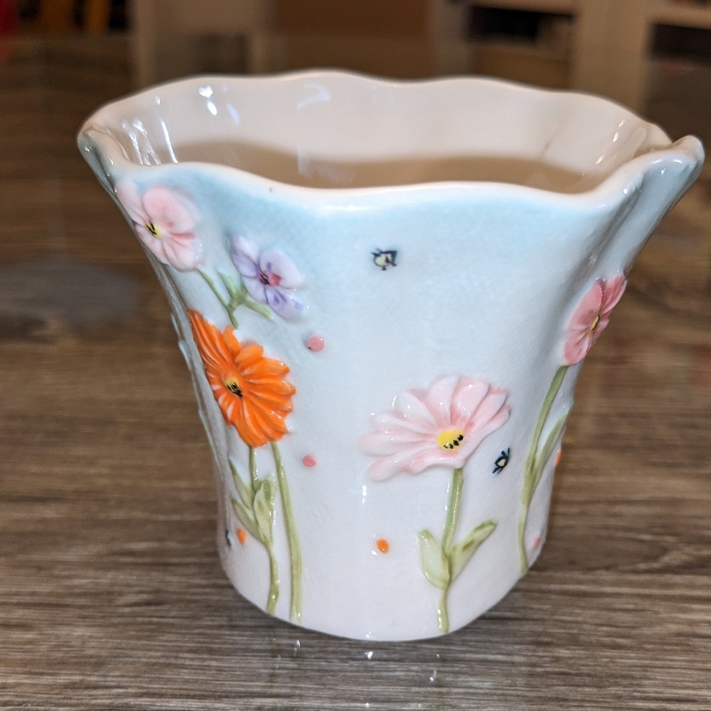 Yankee Votive Candle Holder Floral Spring Butterfly Water Garden Hold Matches